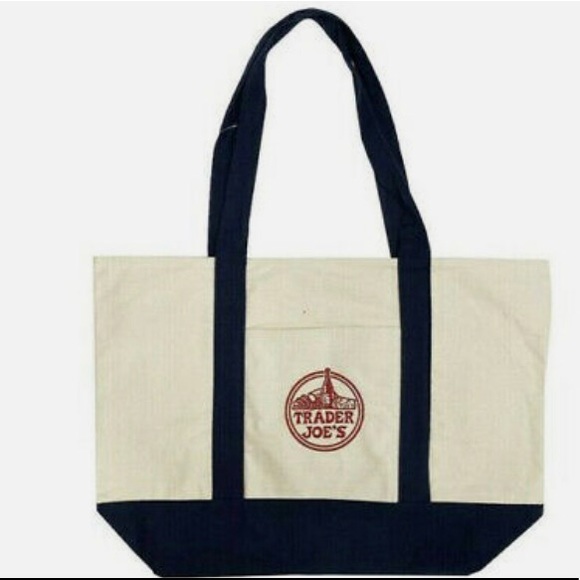 Trader Joe's canvas bag Off White Creme Navy Blue - Picture 2 of 3
